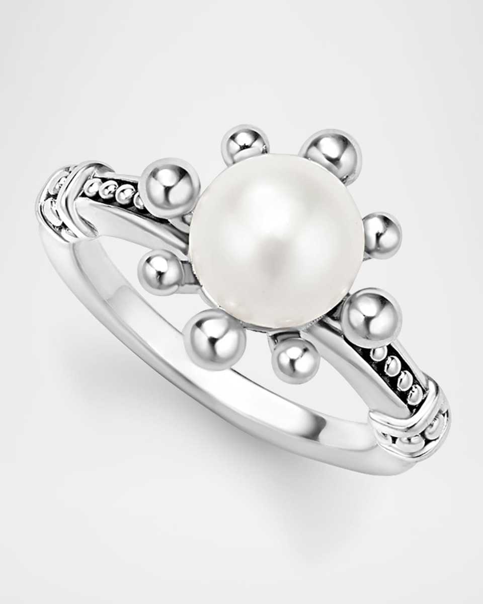 Luna Fleur Floral Pearl Ring in Sterling Silver, Size